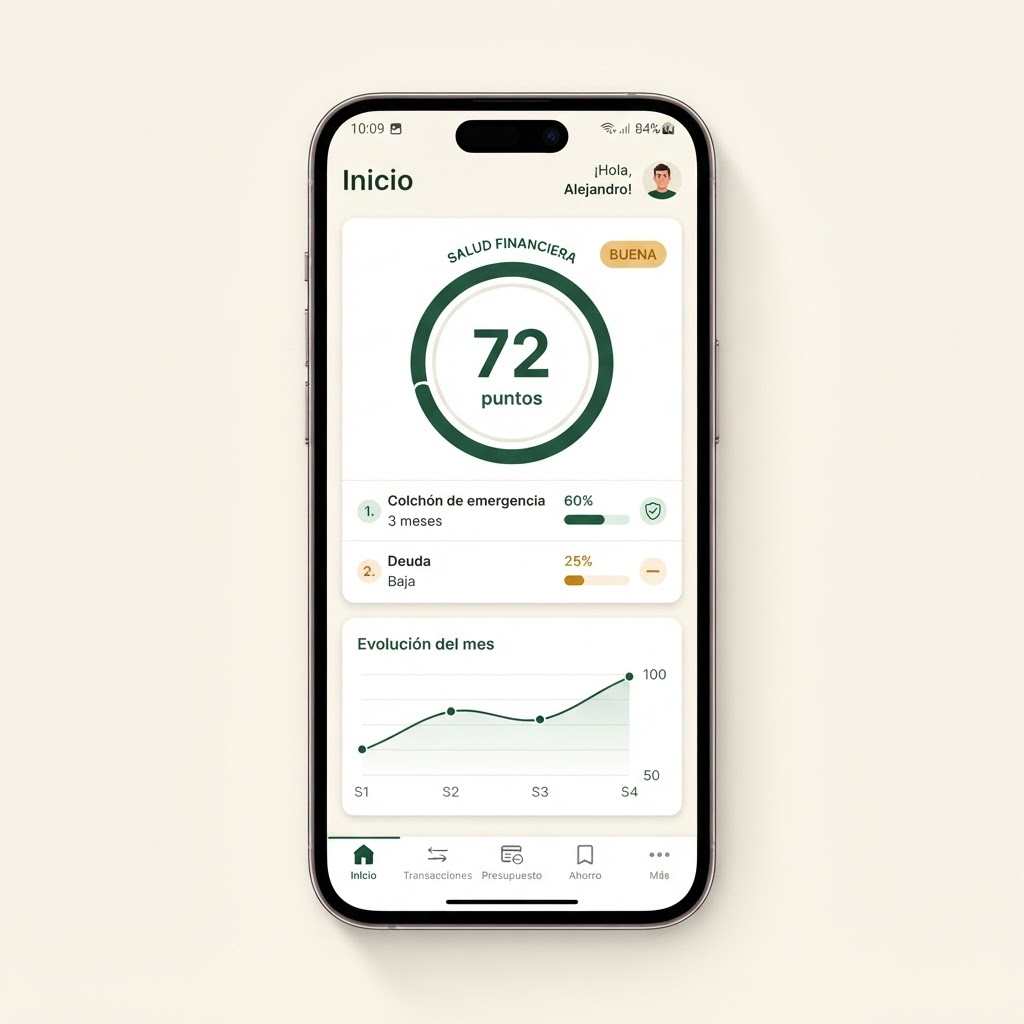 Vista previa de la app MISAFI mostrando una puntuación de salud financiera de 72, el colchón de emergencia y el nivel de deuda